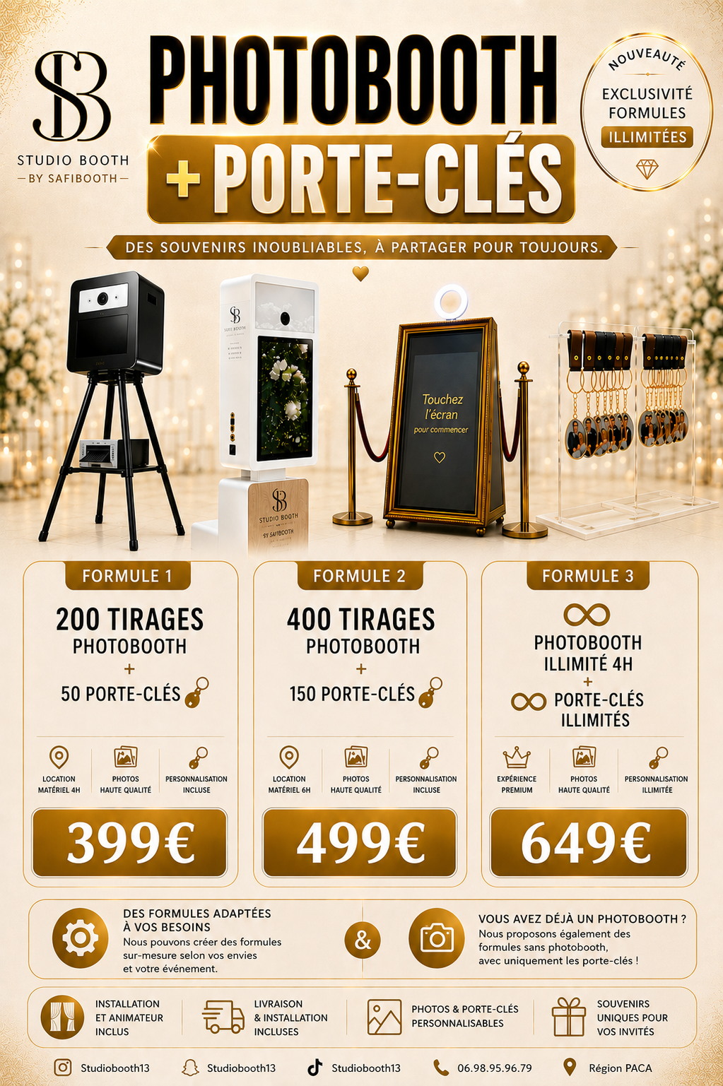 Tarifs Photobooth + Porte-clés, formules 1, 2 et 3