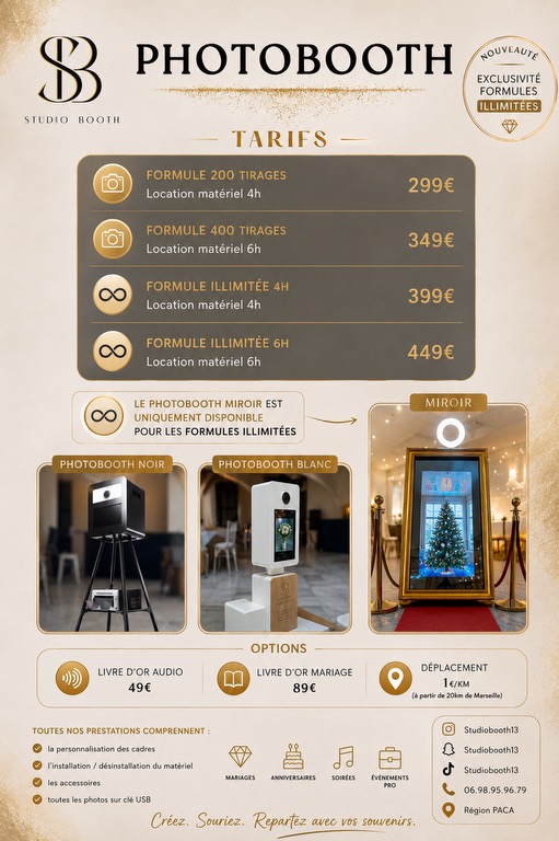 Tarifs Photobooth StudioBooth13 : formules 200 et 400 tirages, formules illimitées, Photobooth Noir, Blanc et Miroir, options