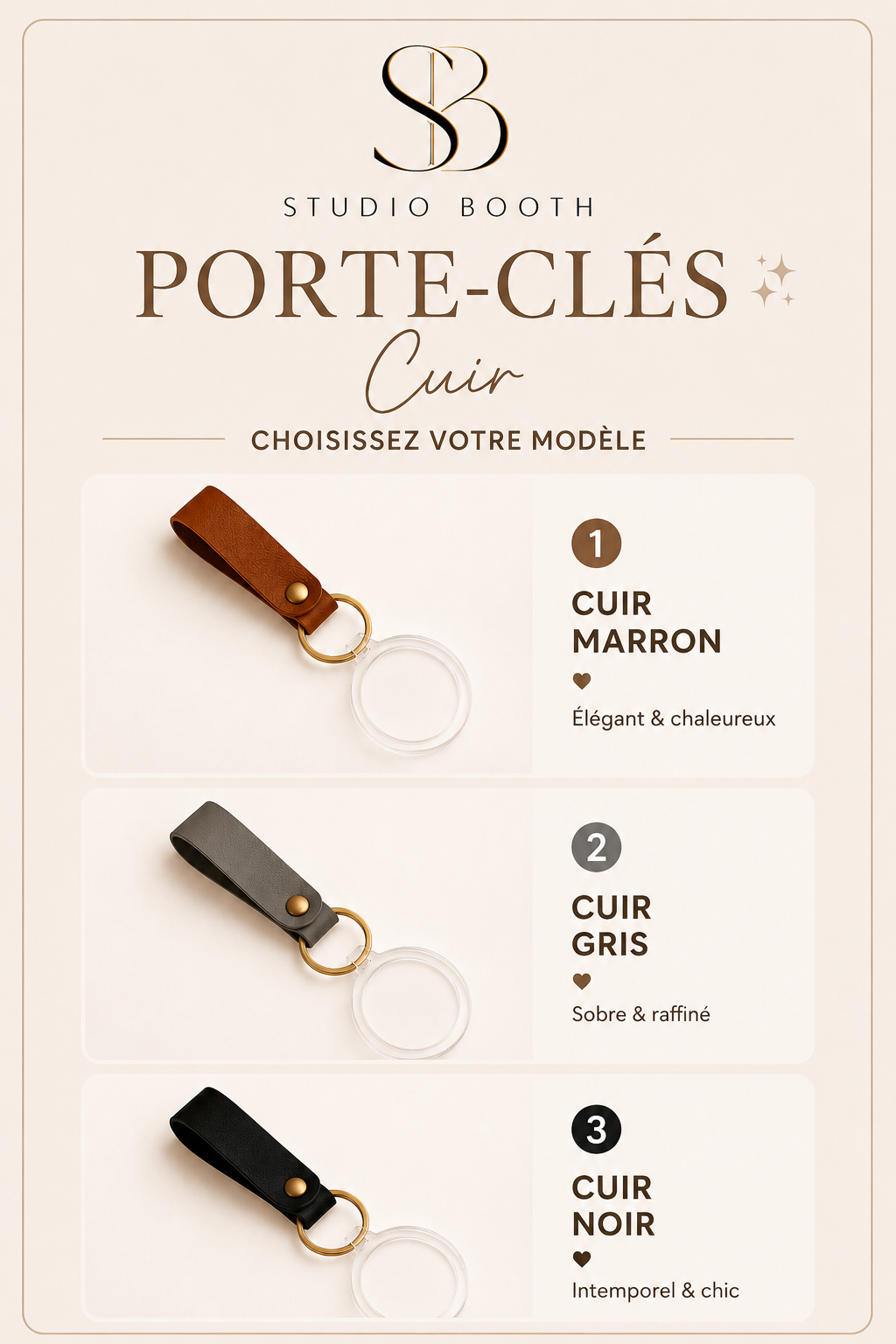 Porte-clés cuir StudioBooth13 : modèles marron, gris et noir
